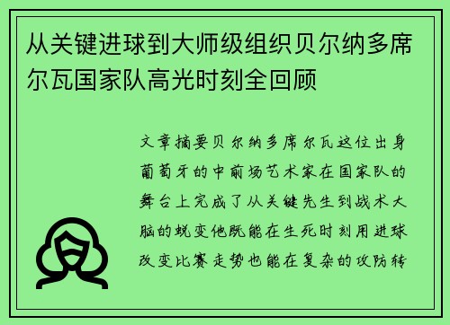 从关键进球到大师级组织贝尔纳多席尔瓦国家队高光时刻全回顾