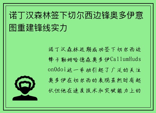 诺丁汉森林签下切尔西边锋奥多伊意图重建锋线实力